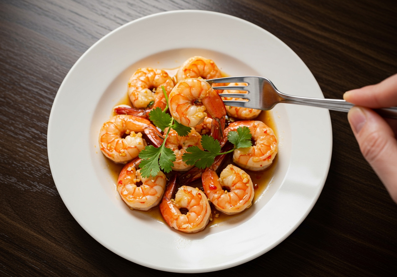 An overhead shot of a beautifully plated serving of spicy chili lime shrimp, ready to be enjoyed, with a fork gently picking up a shrimp.