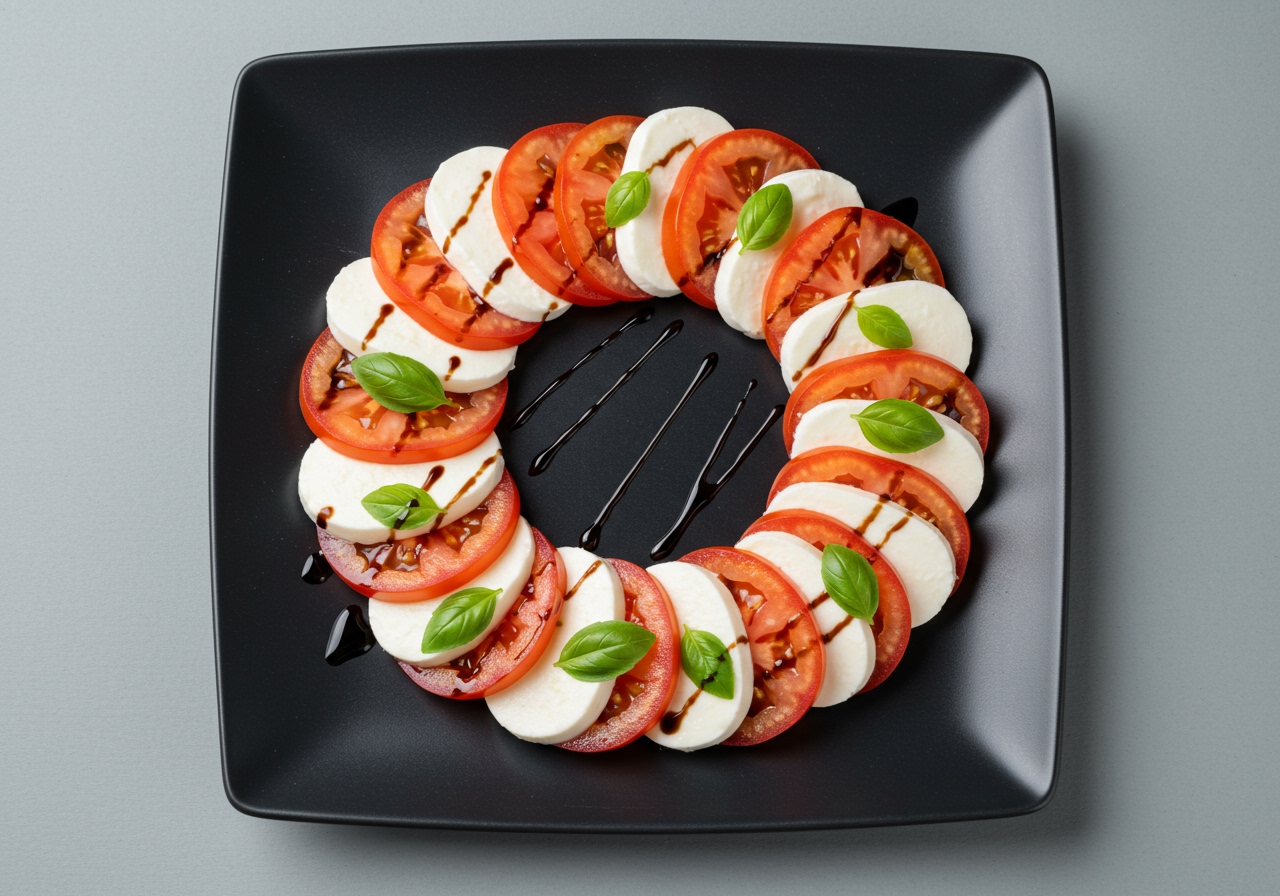 An overhead shot of a black square plate with a geometrically arranged Caprese salad, featuring perfectly aligned slices of tomato and mozzarella, and strategically placed basil leaves.