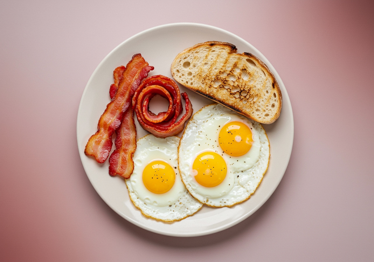 An overhead shot of a breakfast plate featuring crispy twisted bacon, eggs, and toast.
