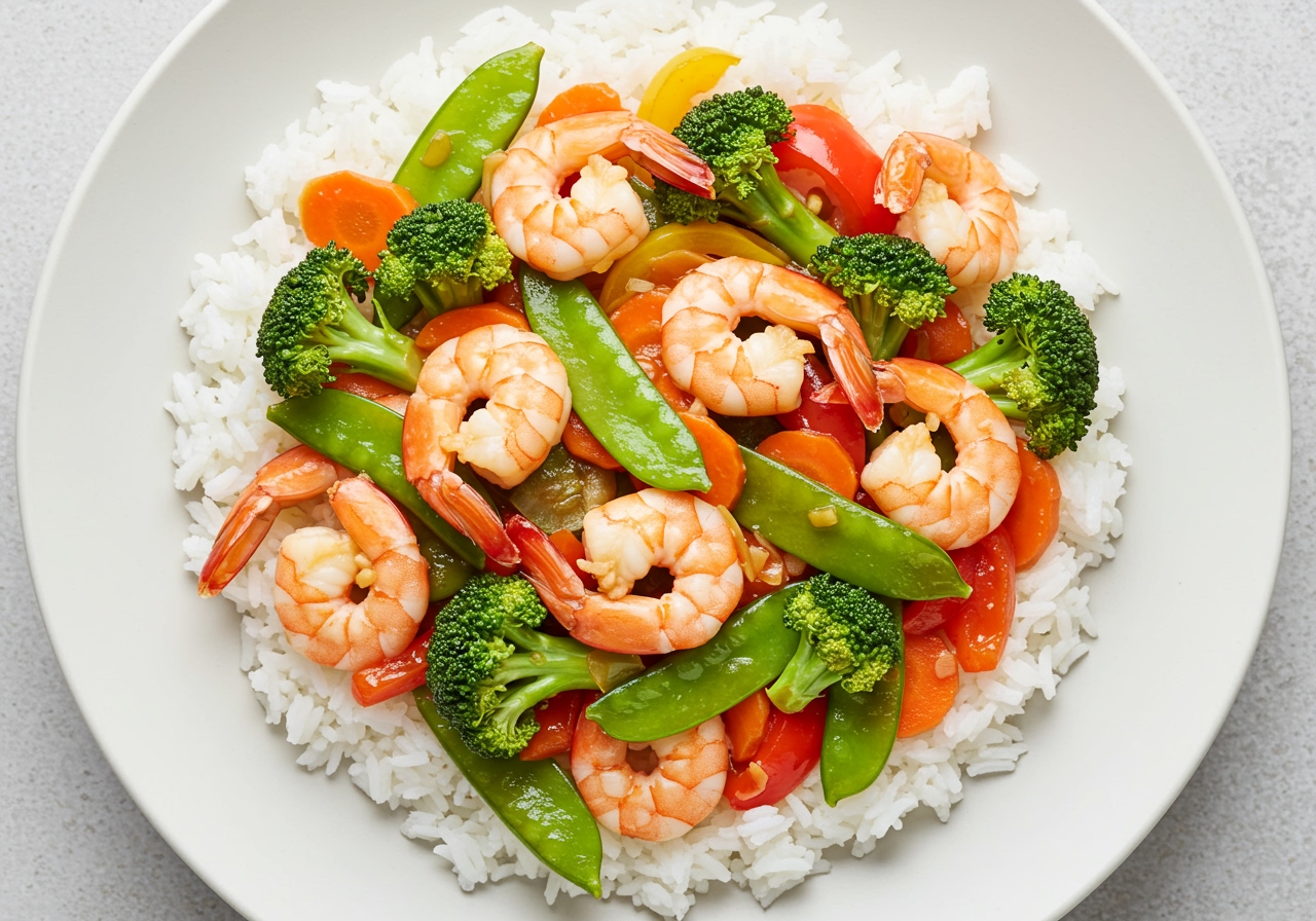 An overhead shot of a colourful quick shrimp and vegetable stir-fry served over rice.