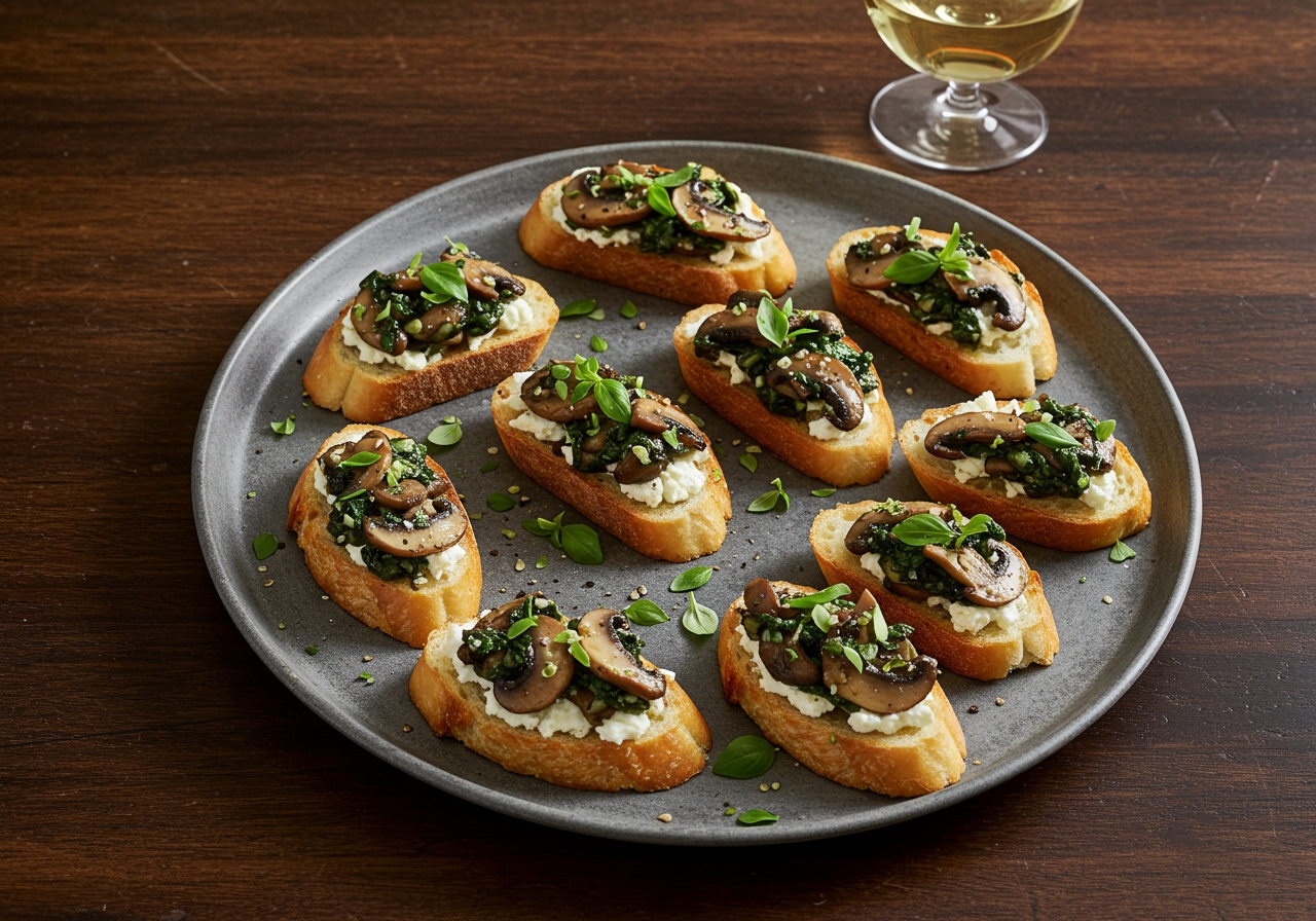 An overhead shot of a finished bruschetta platter on a dark wooden table, with warm lighting, showcasing the vibrant colors and textures of the herb goat cheese and mushroom toppings. A glass of white wine is in the background.