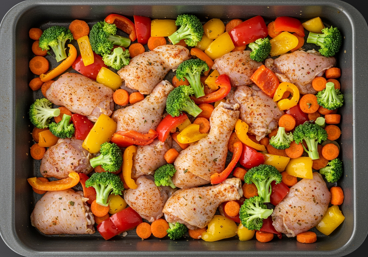 An overhead shot of a large oven pan filled with colorful vegetables and seasoned chicken pieces, ready to be baked.