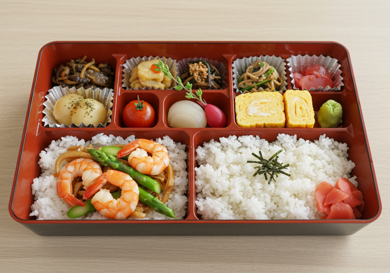 An overhead shot of a packed Japanese-style bento box featuring the shrimp and asparagus stir-fry as one of the colorful sides.