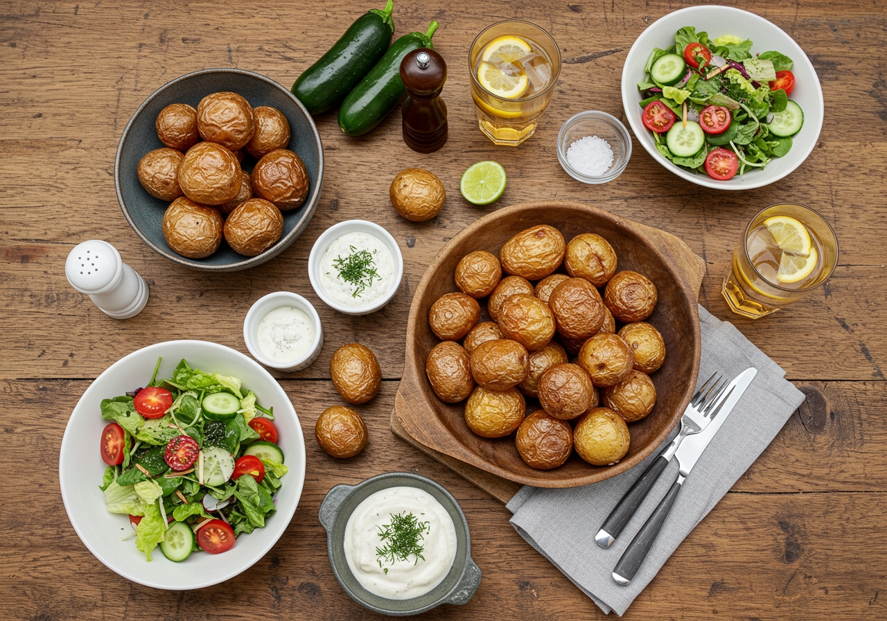 An overhead shot of a rustic wooden table featuring a spread of healthy dishes, with the twice-smoked potatoes as the centerpiece. There are fresh vegetables, a light salad, and a glass of refreshing drink, conveying a healthy and inviting meal.