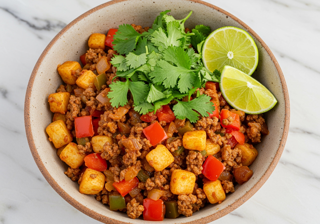 An overhead shot of a vibrant bowl of easy Mexican hash, garnished with fresh cilantro and a lime wedge.