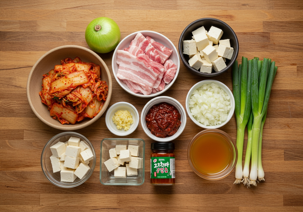 An overhead shot of all the ingredients needed for Kimchi Jjigae laid out neatly on a wooden table: ripe kimchi, pork belly slices, firm tofu cubes, chopped onion, minced garlic, gochugaru (Korean chili flakes), gochujang (Korean chili paste), anchovy or chicken stock, and a few green onions.
