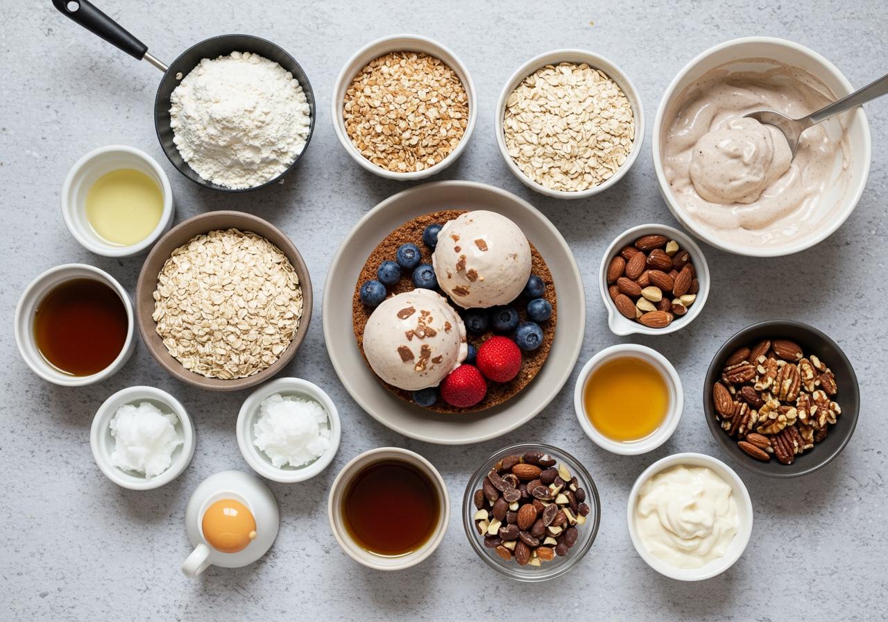 An overhead shot of healthy ice cream sandwich cake ingredients spread out on a counter: whole grain flour, oats, fruits, nuts, coconut oil, maple syrup, and components of nice cream.
