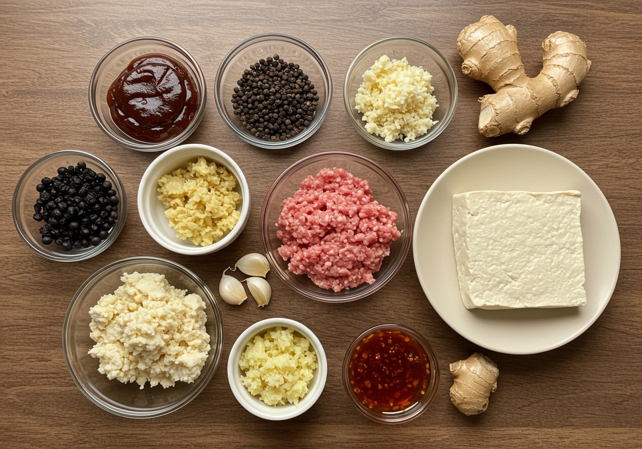An overhead shot of key ingredients for authentic Mapo Tofu laid out on a wooden table: Doubanjiang, Sichuan peppercorns, fermented black beans, minced garlic, ginger, ground meat, soft tofu, and chili oil.