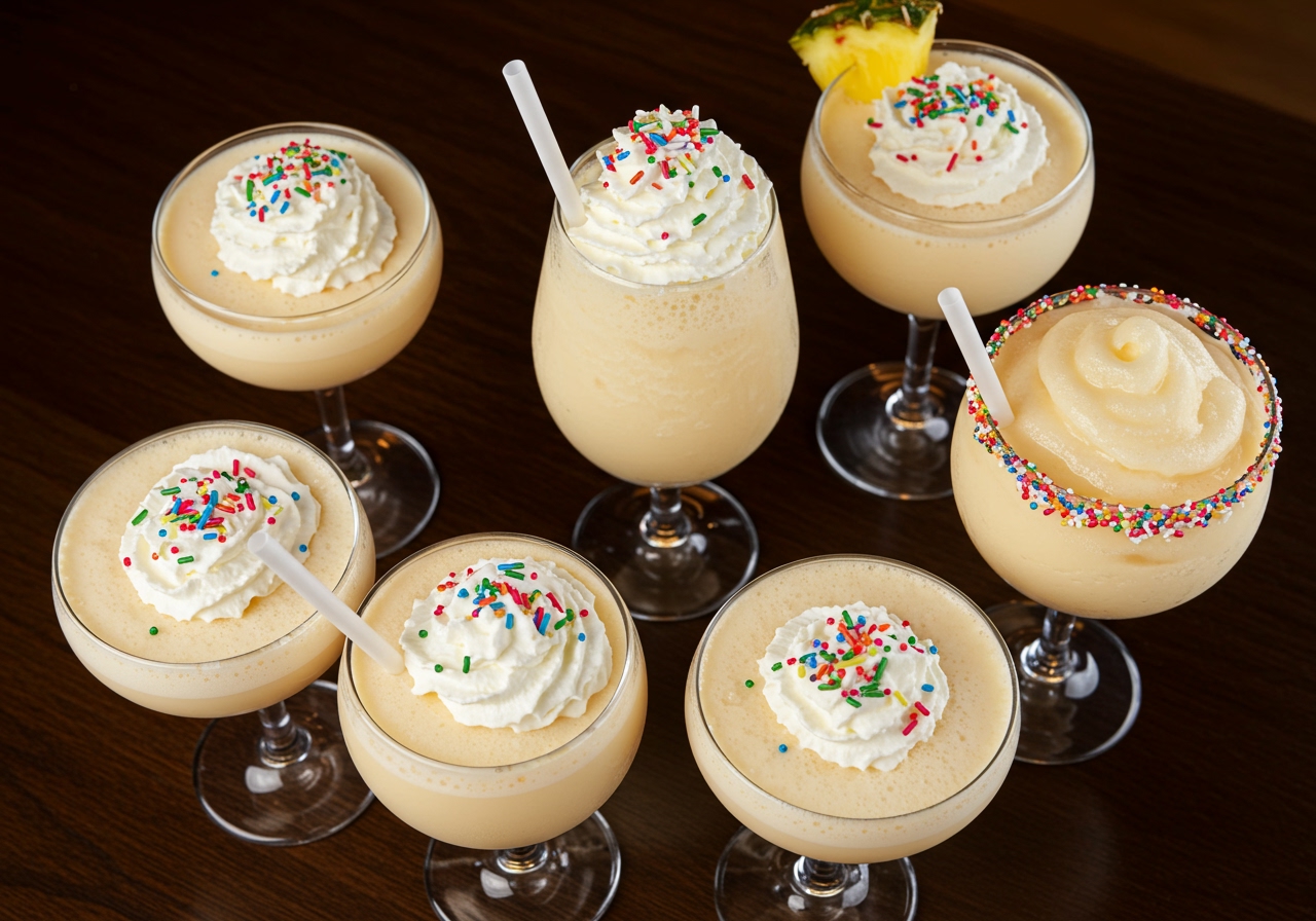 An overhead shot of several creamy frozen cocktails, like a frozen mudslide and a frozen piña colada, served in stemmed glasses with whipped cream and sprinkles.