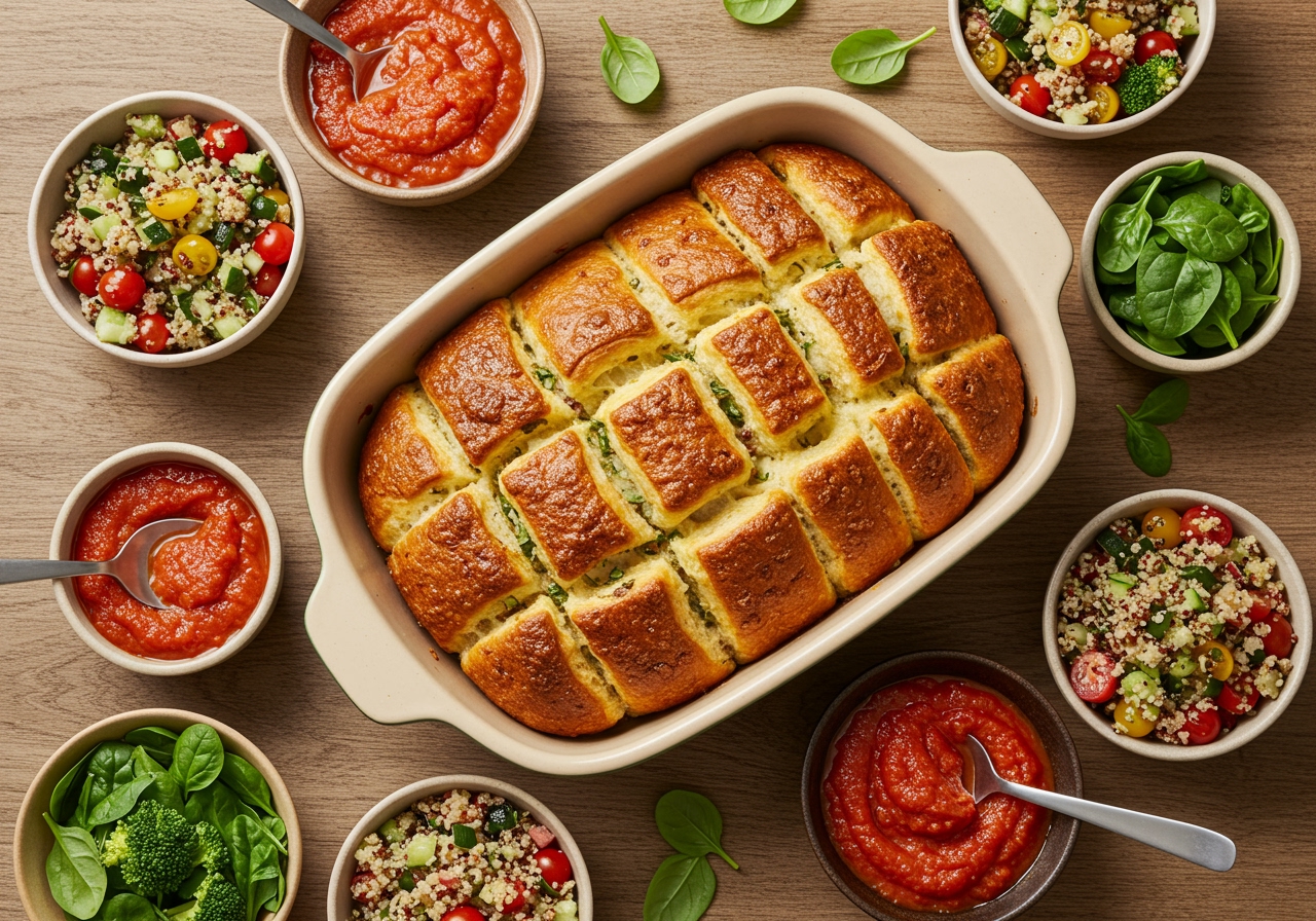 An overhead shot of the entire baked pull-apart bread in its baking dish, surrounded by small bowls of marinara sauce and healthy side salads, ready to be shared.