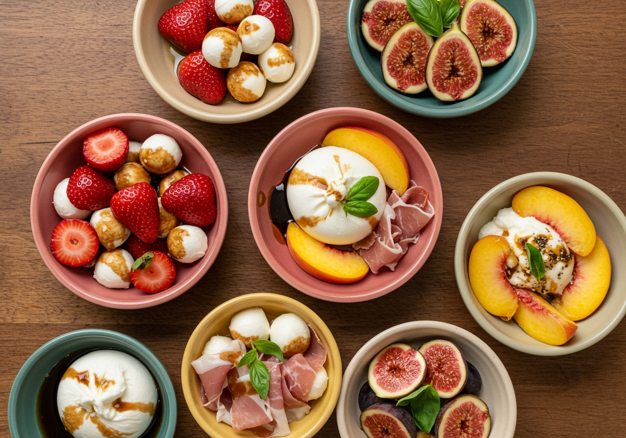 An overhead shot of various small bowls, each containing a different fruit caprese variation (e.g., strawberry with mozzarella, peach with burrata and prosciutto, fig with mozzarella and balsamic glaze).