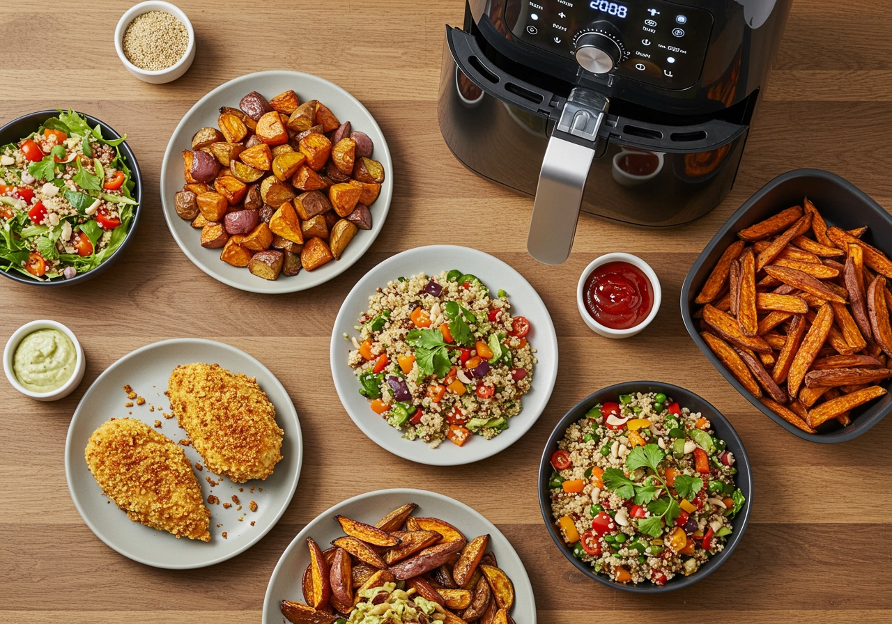 An overhead shot showing a variety of colorful, healthy dishes cooked using an air fryer spread out on a table.