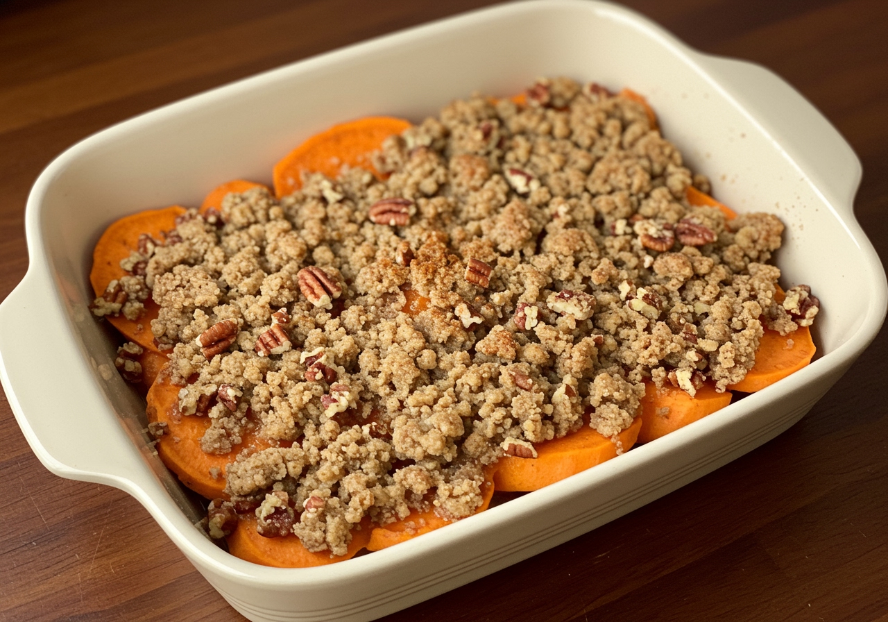 Assembled sweet potato casserole in a baking dish, ready to be baked