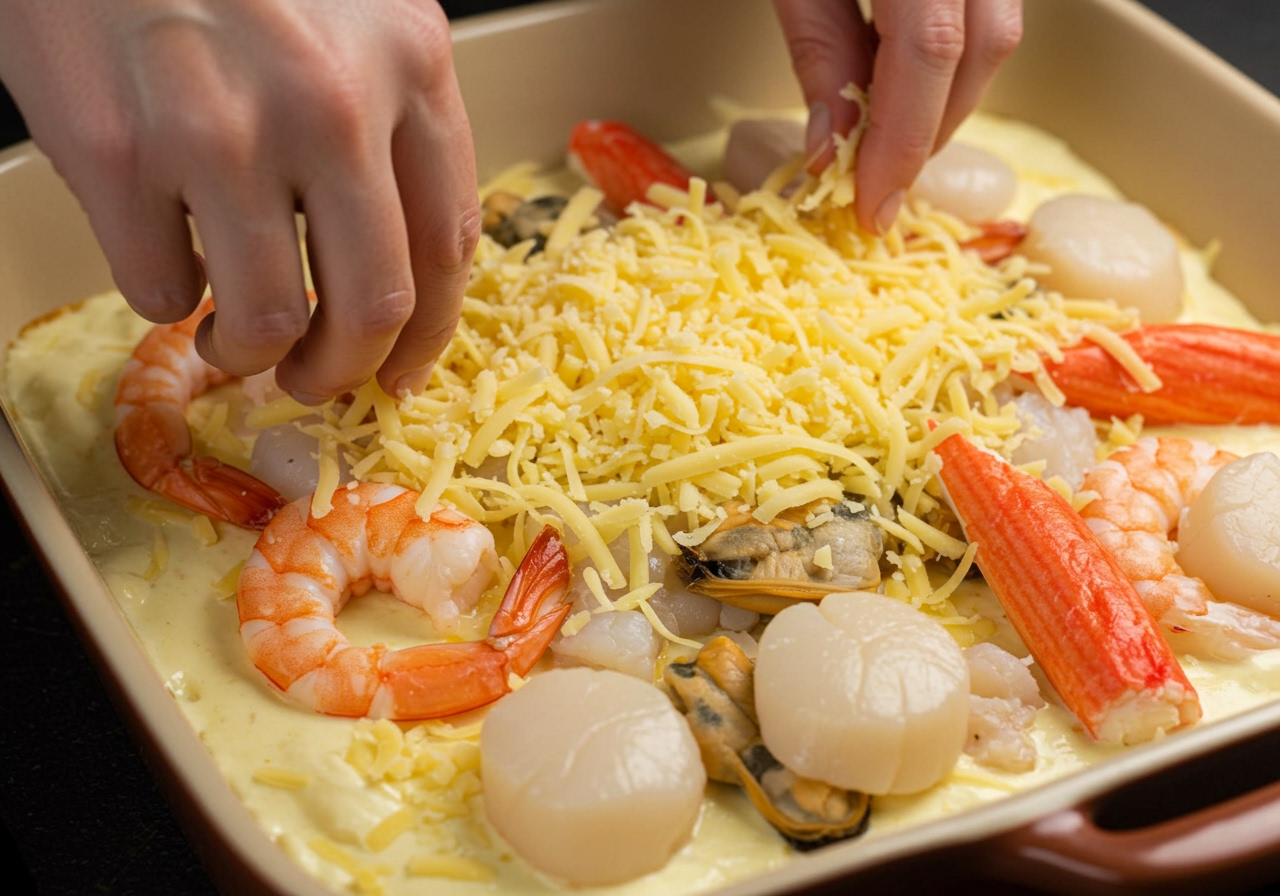 Assembling the gratin dish with sauce, seafood, and topping with cheese