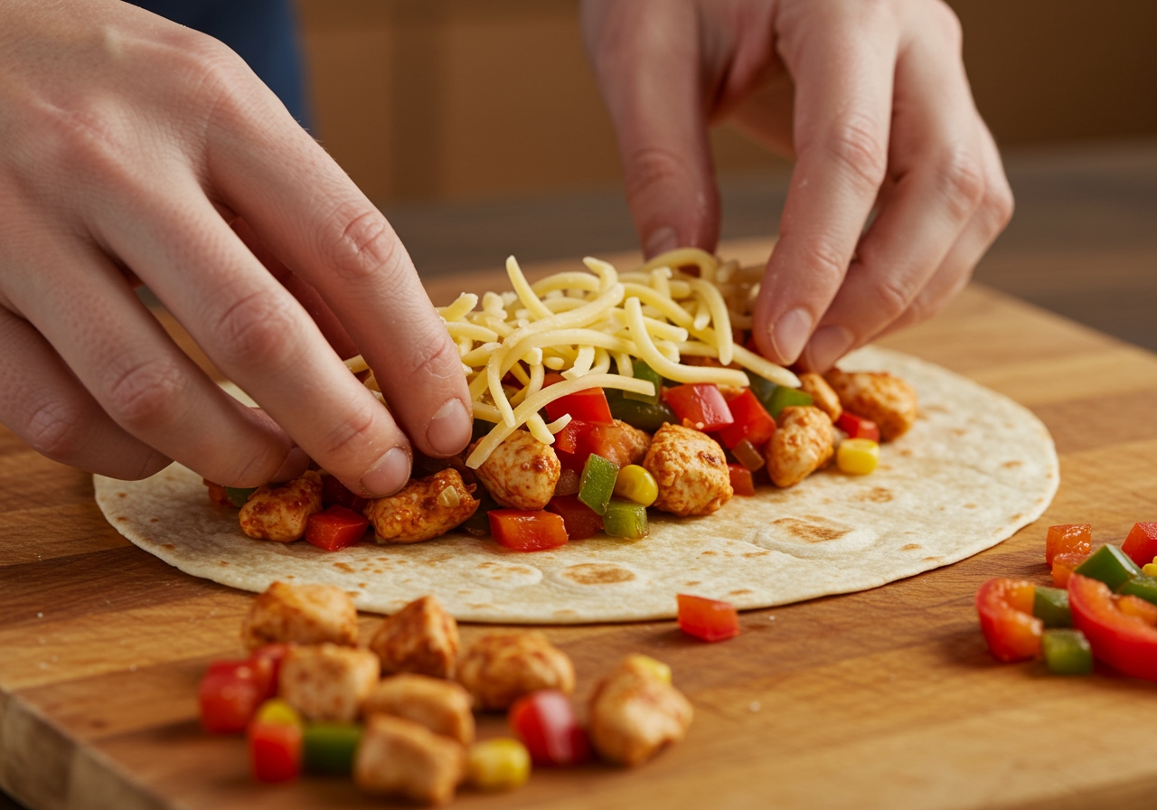 Assembling the quesadilla, placing the chicken and vegetable filling and cheese onto a tortilla