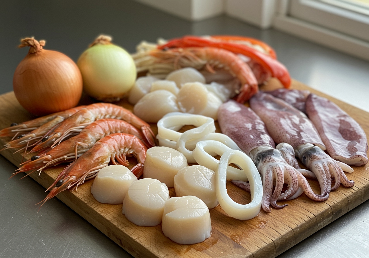 Assorted fresh seafood (shrimp, scallops, squid) and vegetables (onion, mushrooms) arranged neatly on a cutting board, ready for cooking