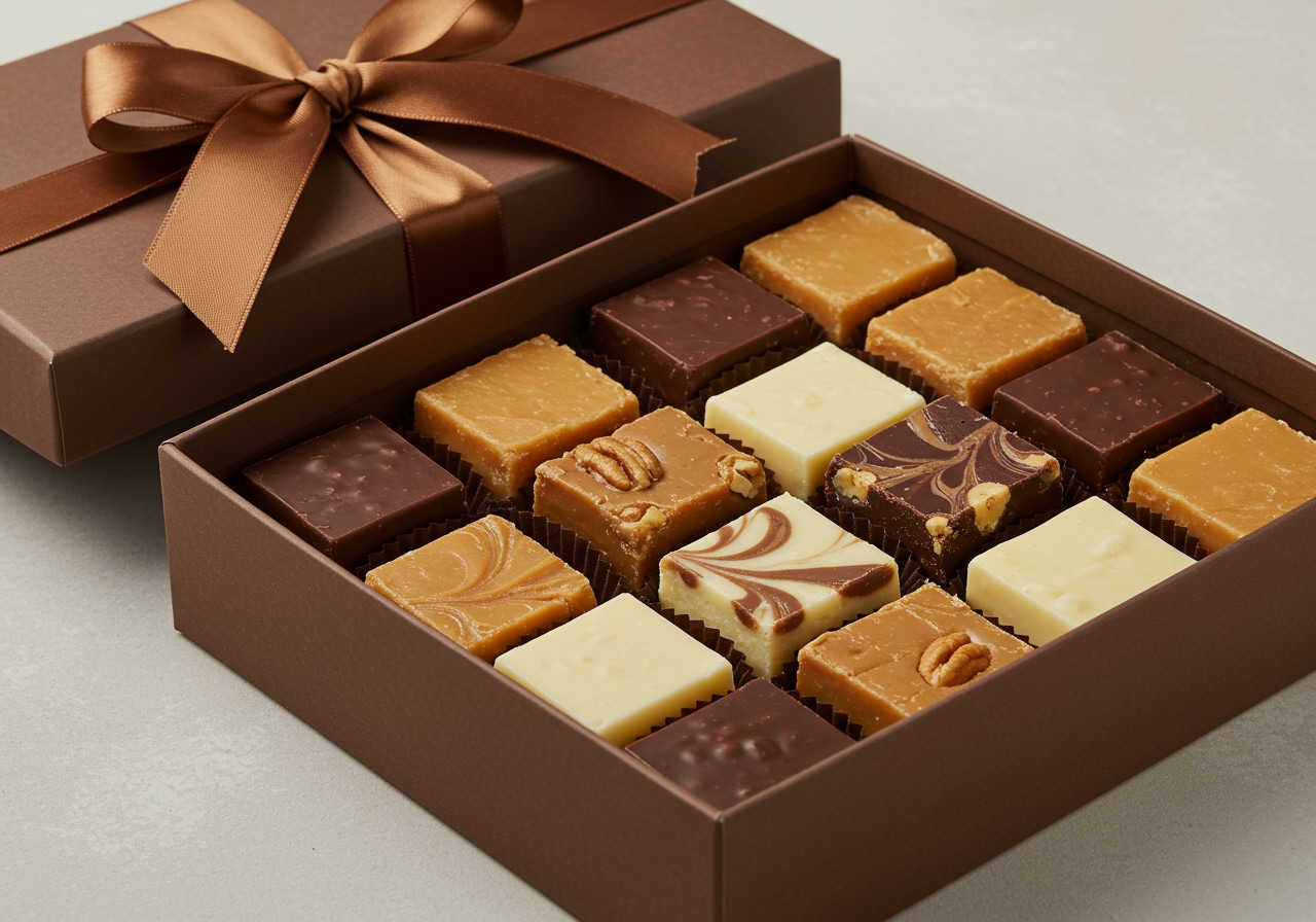 Assorted fudge squares neatly arranged in a decorative gift box with a ribbon