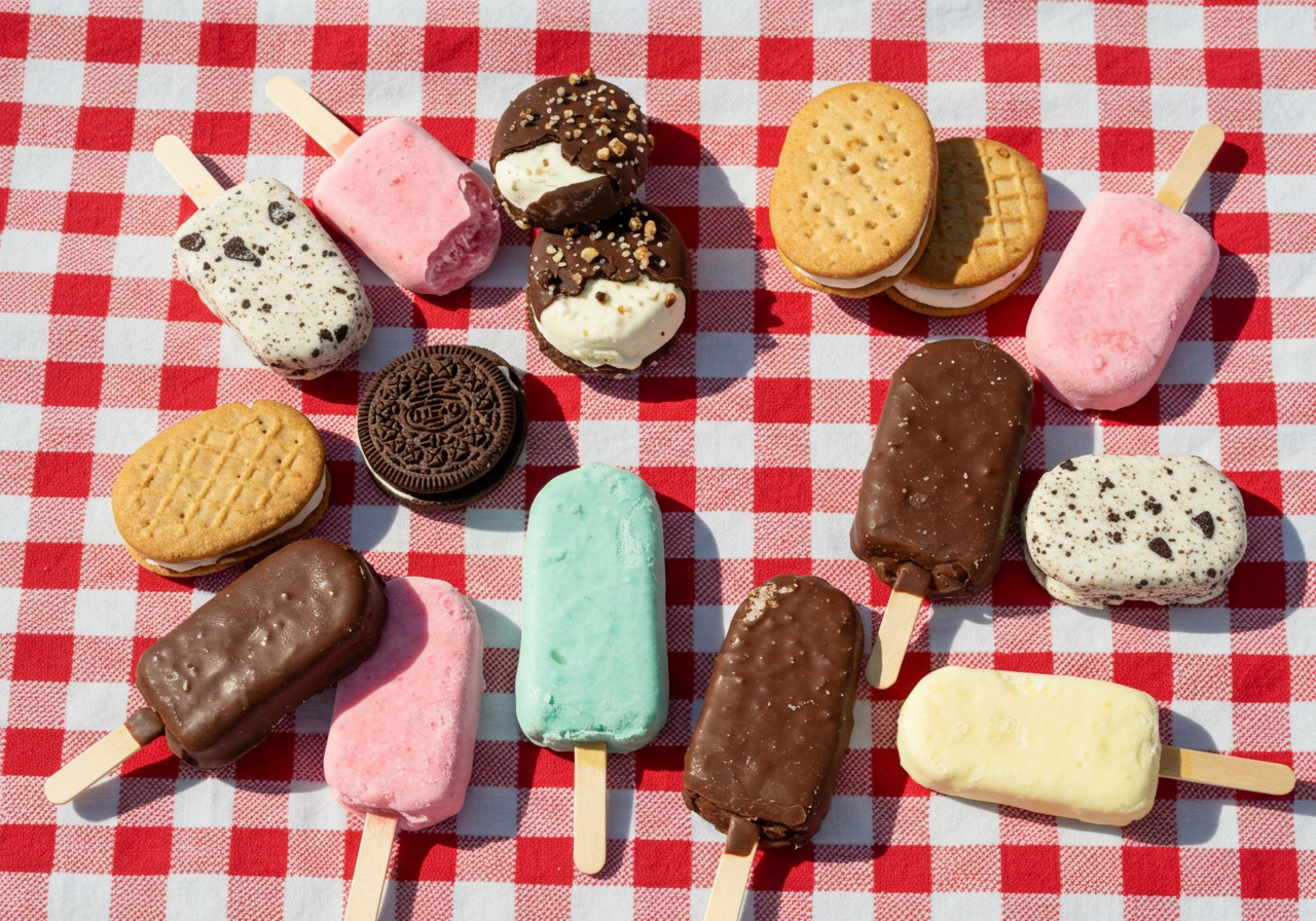 Assortment of classic American novelty ice creams like ice cream sandwiches and chocolate-covered bars on a picnic blanket