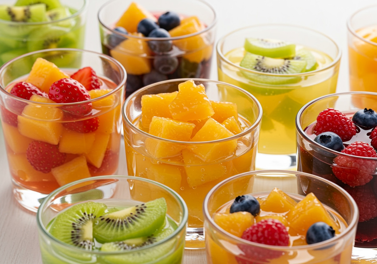 Assortment of colorful fruit jellies and milk jellies in clear glasses, garnished with fresh fruit.