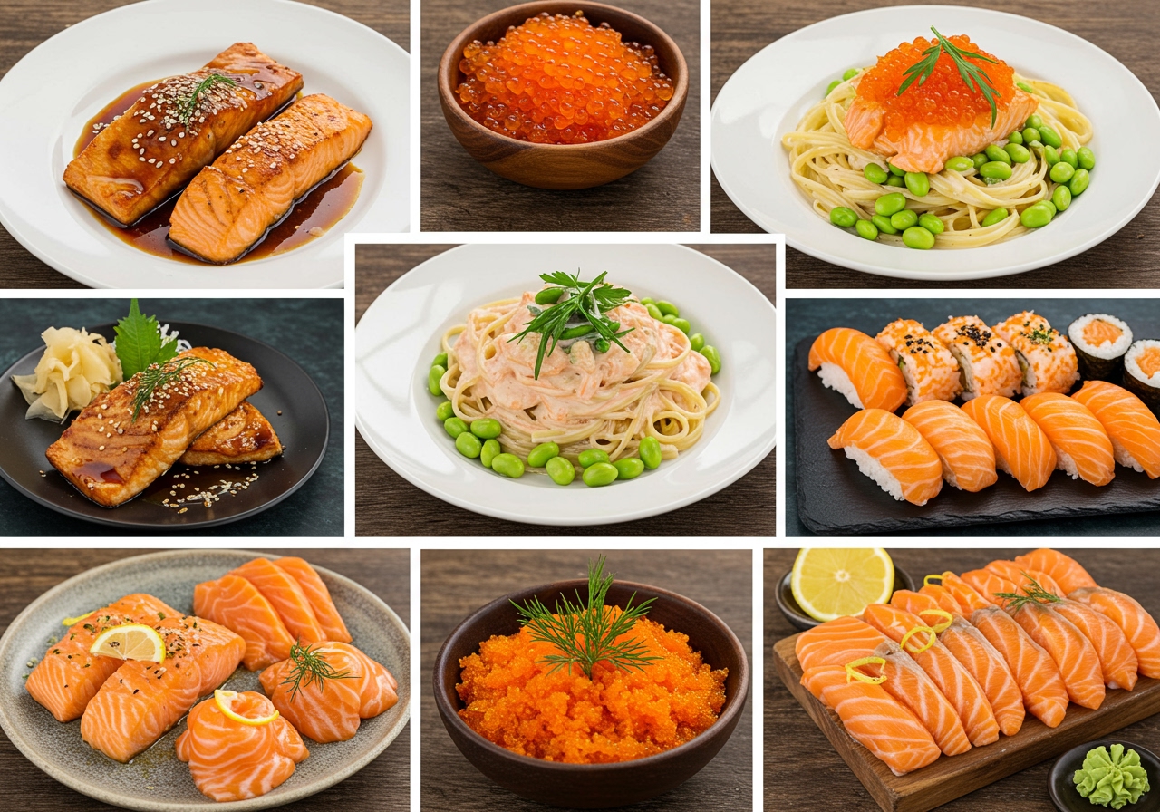 Assortment of colorful salmon dishes including grilled, raw, and pasta