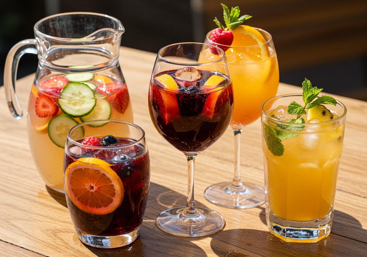Assortment of colorful summer drinks in various glasses, including fruit-infused water, sparkling sangria, and a vibrant cocktail, with ice and fresh fruit garnishes.