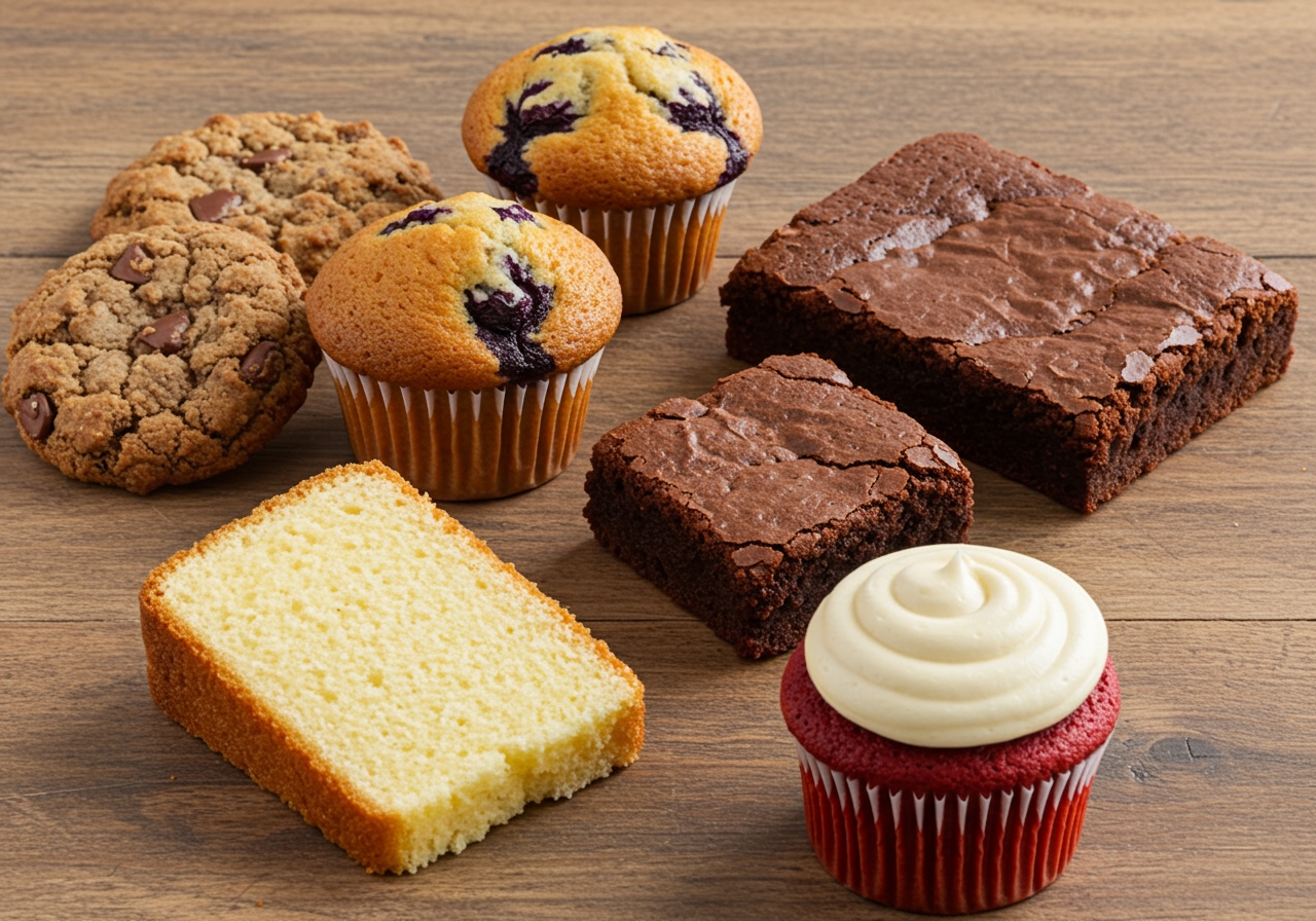 Assortment of finished baked goods made with substitutions, showing different textures and colors (e.g., a GF cookie, a vegan muffin, a sugar-free brownie).