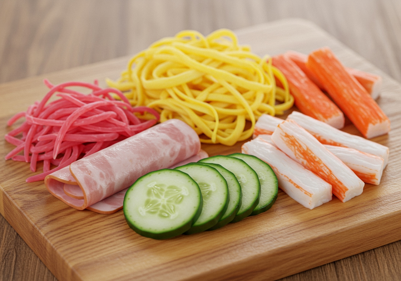 Assortment of fresh, colorful ingredients for Hiyashi Chuka laid out on a wooden board: sliced cucumber, ham, shredded omelet, crab sticks, and beni shoga.