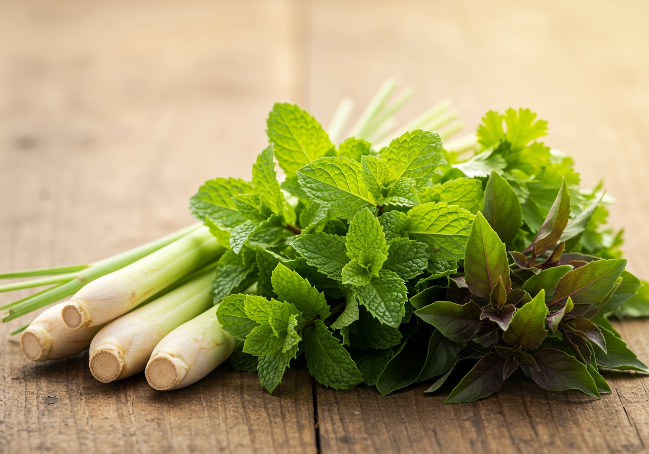 Assortment of fresh herbs commonly used in Cambodian cuisine, including lemongrass, mint, sawtooth coriander, and Thai basil.