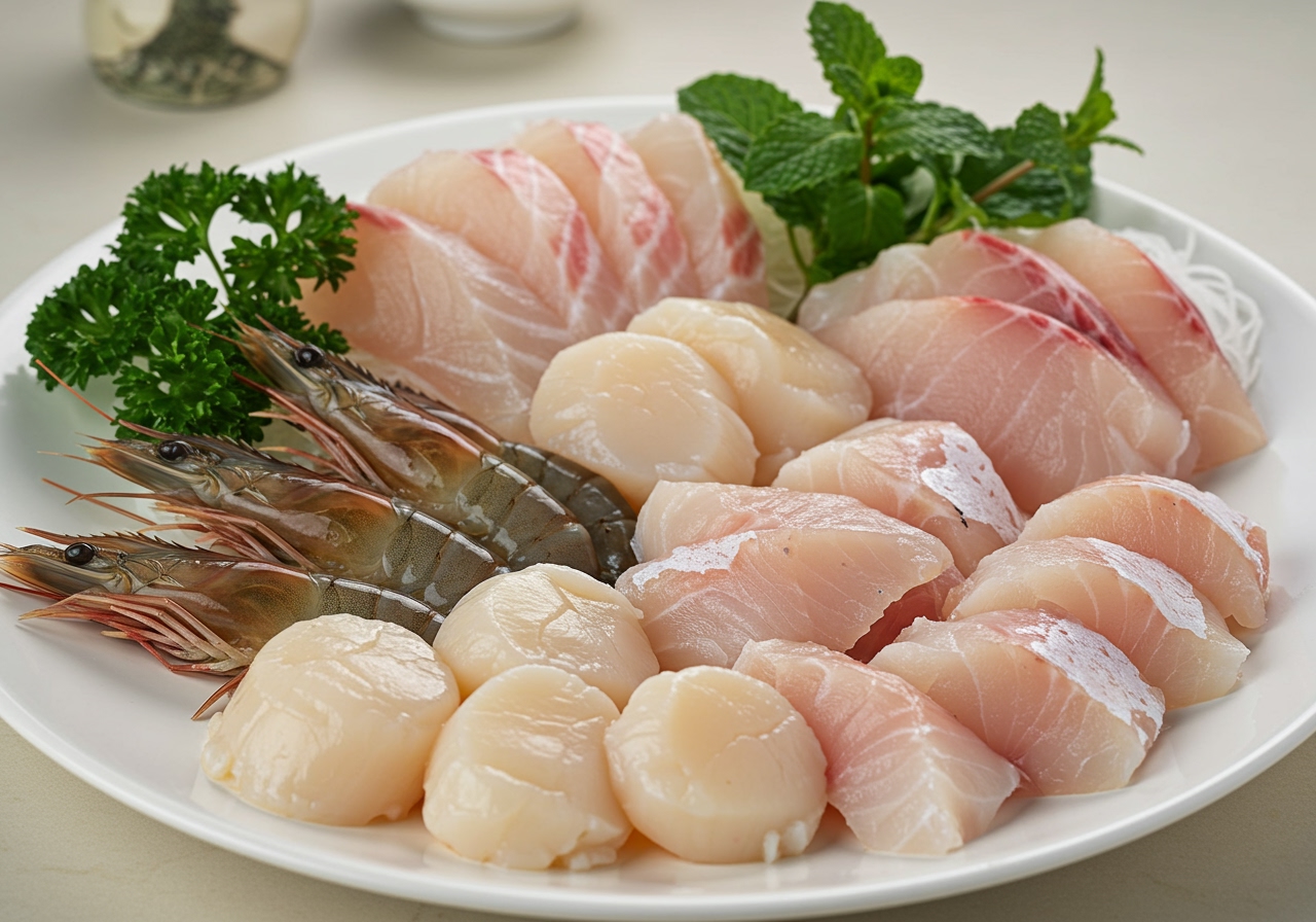 Assortment of fresh seafood ingredients for agedashi, like shrimp, scallops, and white fish fillets, arranged neatly on a plate