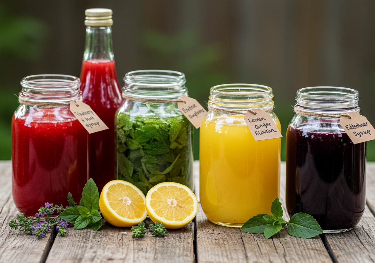 Assortment of homemade fruit and herb syrups in different colored glass jars, arranged on a rustic wooden table.