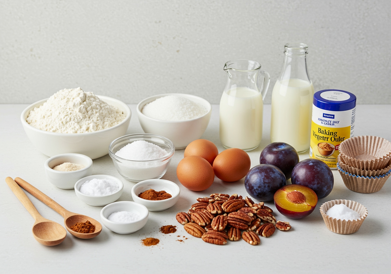Assortment of ingredients for plum and pecan muffins laid out on a counter: flour, sugar, eggs, milk, oil, baking powder, baking soda, salt, spices, fresh plums, and pecan nuts.
