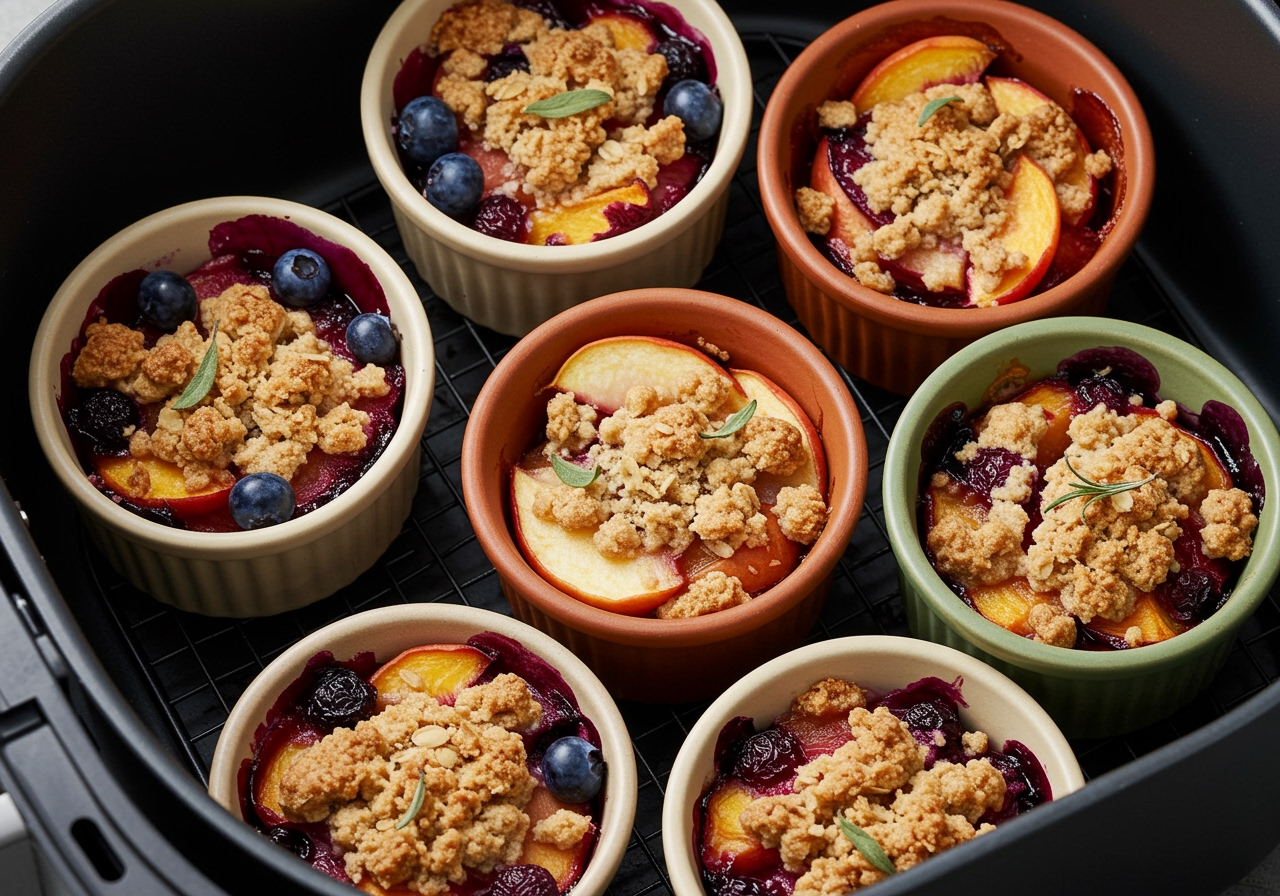 Assortment of low-temperature baked fruit crisps in small ramekins in an air fryer basket