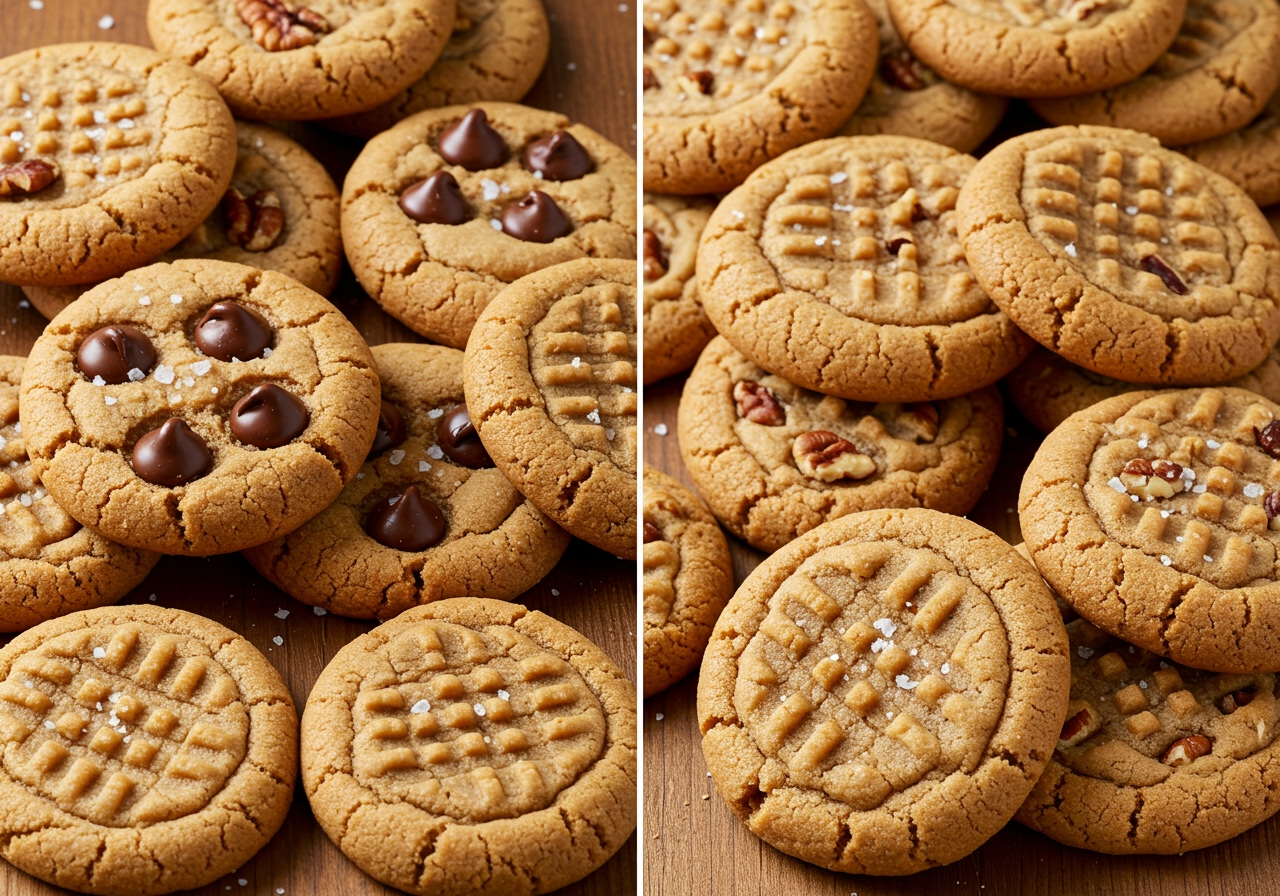 Assortment of peanut butter cookies with different mix-ins like chocolate chips, nuts, and perhaps a sugar-free version.