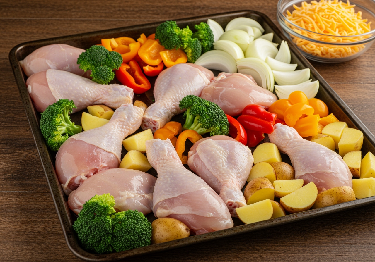 Assortment of raw chicken pieces and chopped vegetables like broccoli, bell peppers, onions, and potatoes laid out on a sheet pan with a bowl of shredded cheese nearby.