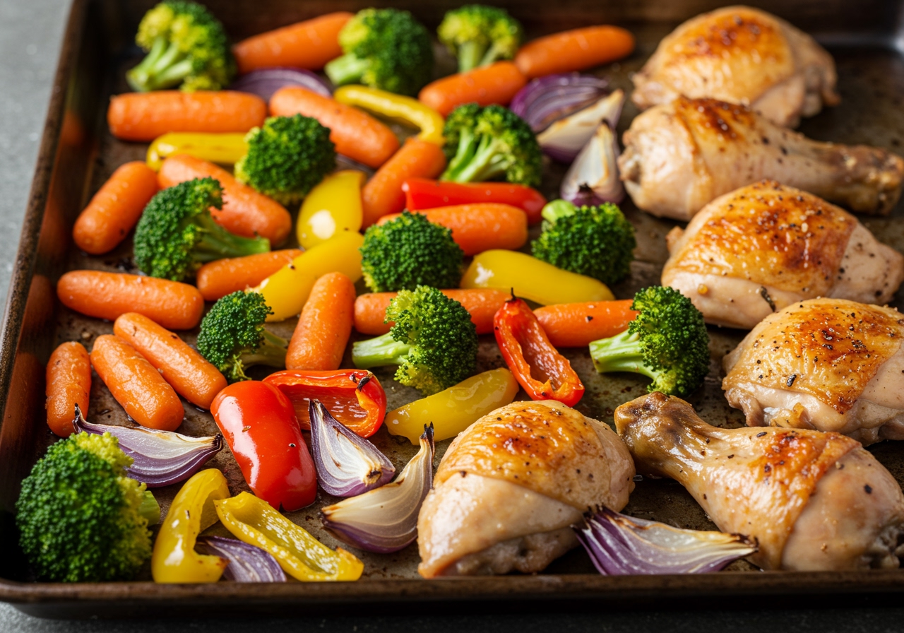 Assortment of vibrantly colored roasted vegetables (broccoli, carrots, peppers, onions) on a sheet pan next to roasted chicken pieces, illustrating a healthy meal.
