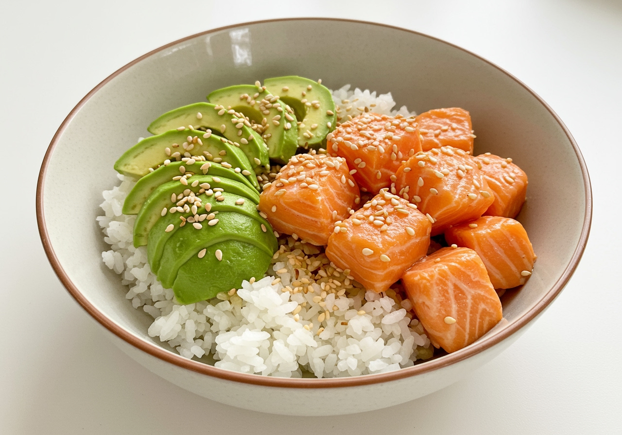 Avocado salmon bowl with rice, cubed salmon, avocado, and sesame seeds