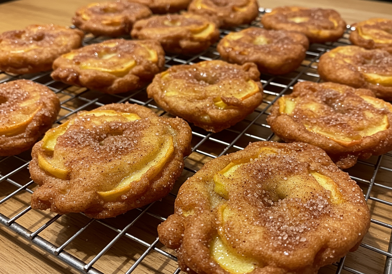 Baked apple fritters on a cooling rack, golden brown and slightly irregular in shape