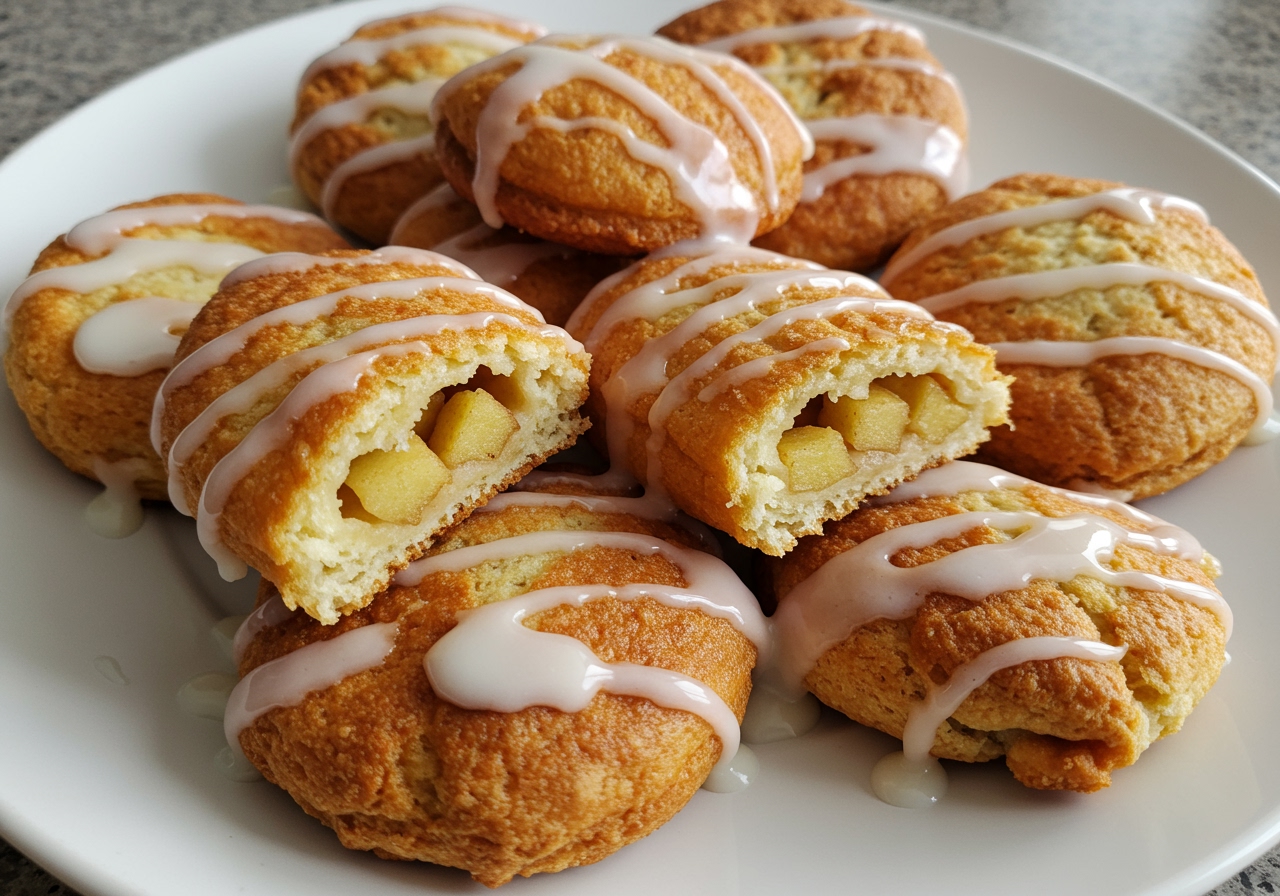 Baked apple fritters with a simple white glaze drizzled over them on a plate