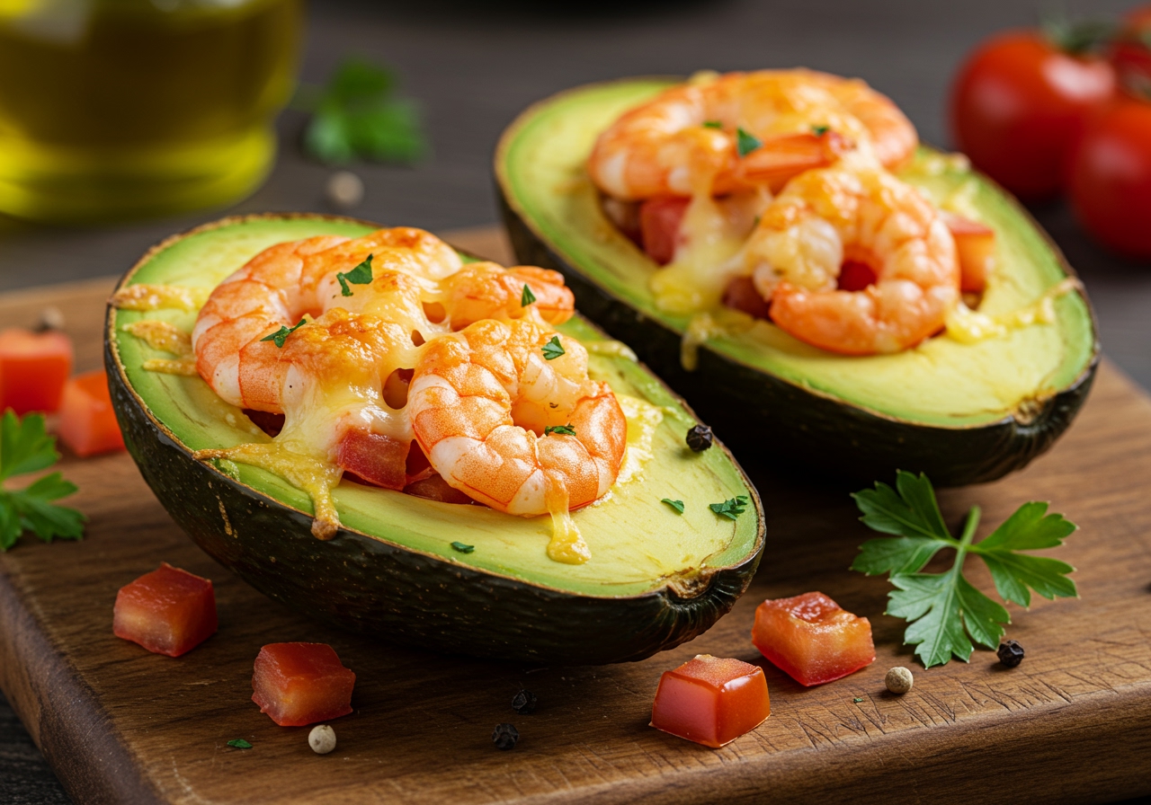 Baked avocado halves filled with shrimp, tomato, and melted cheese, showing a rich and healthy low-carb dish.