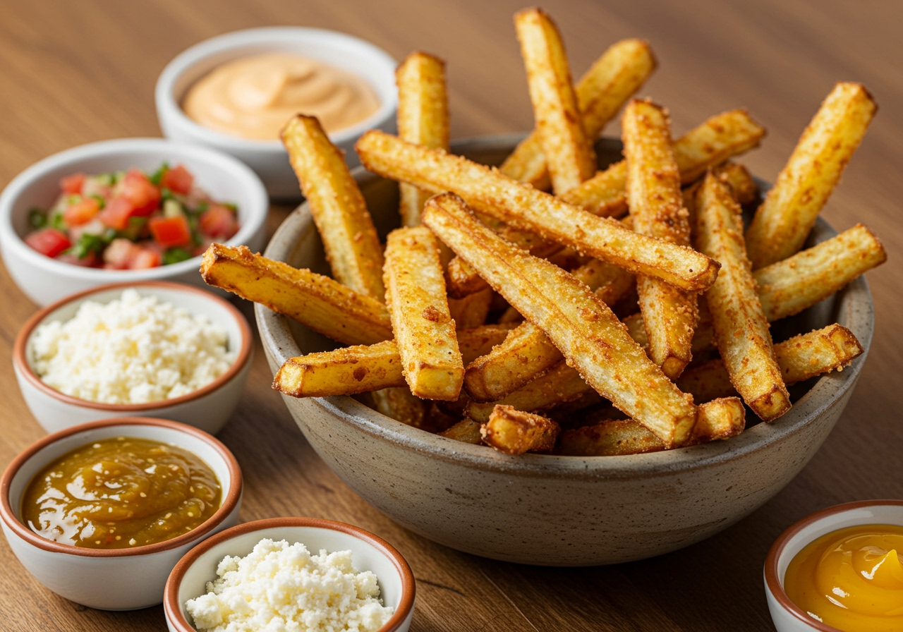 Baked jicama fries served in a bowl or on a plate with various small bowls of different toppings around it