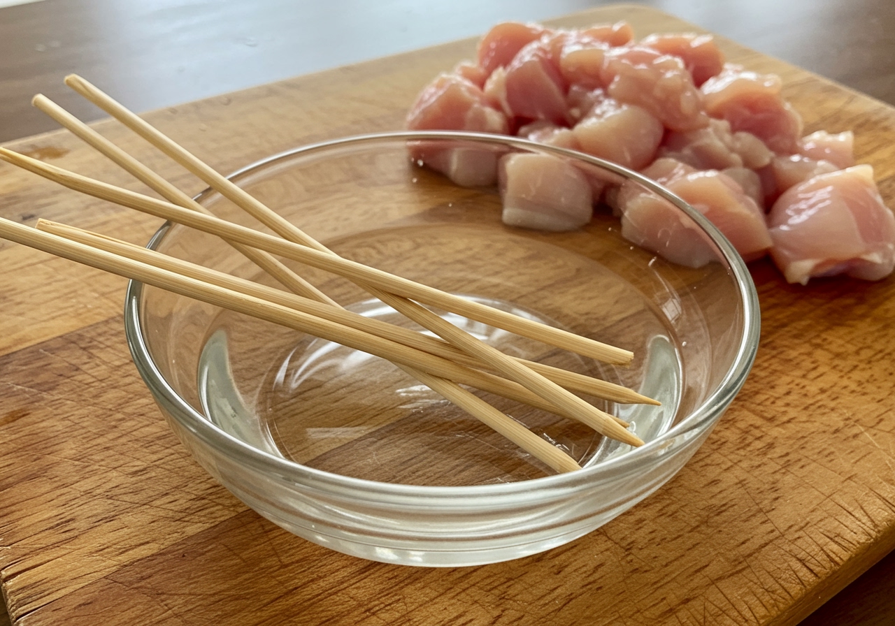Bamboo skewers soaking in a shallow dish of water next to cubed chicken pieces.