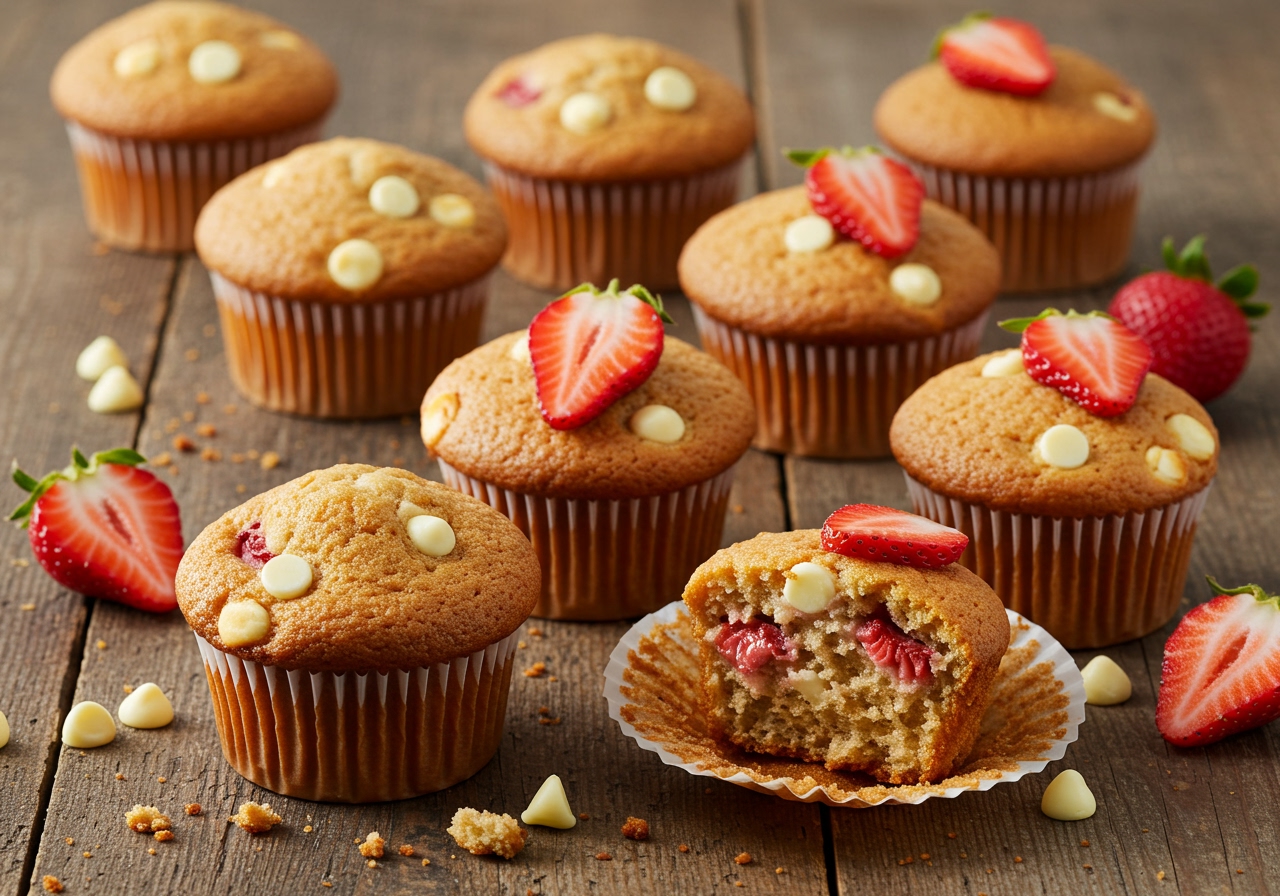 Beautiful strawberry muffins with white chocolate chips, some fresh strawberry slices on top, arranged on a rustic wooden table.