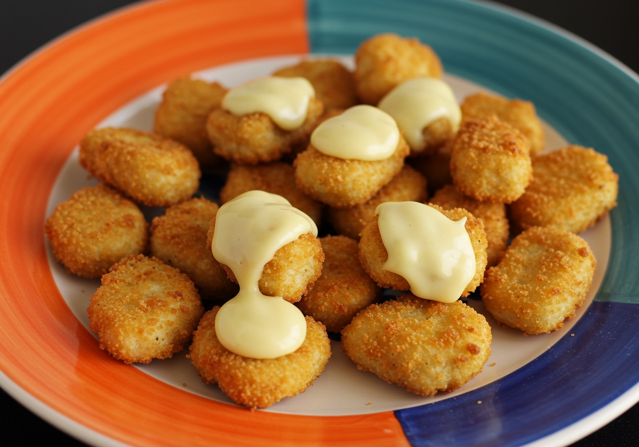 Bite-sized fish nuggets or pieces coated in a mild, creamy sauce on a colorful plate.