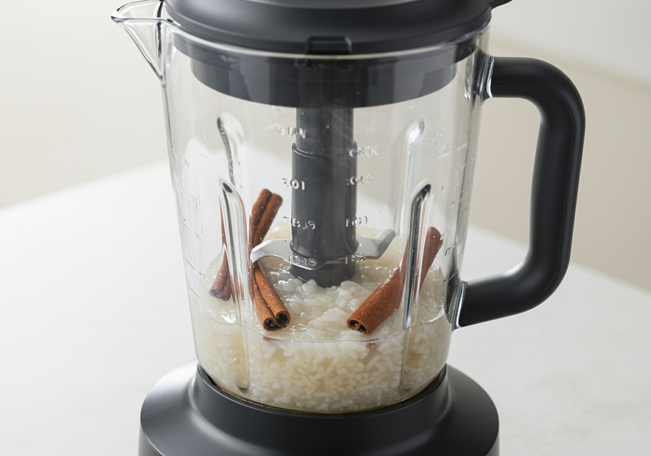 Blending soaked rice, cinnamon sticks, and water in a high-speed blender