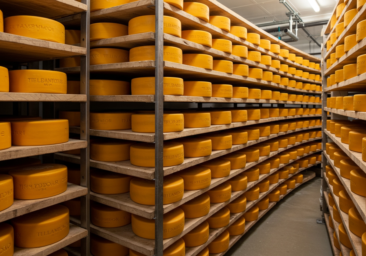 Blocks or wheels of Tillamook Cheddar cheese aging on shelves in a temperature-controlled facility.