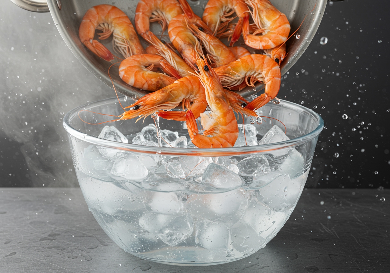 Boiled shrimp being quickly transferred from the boiling pot into a bowl of ice water.