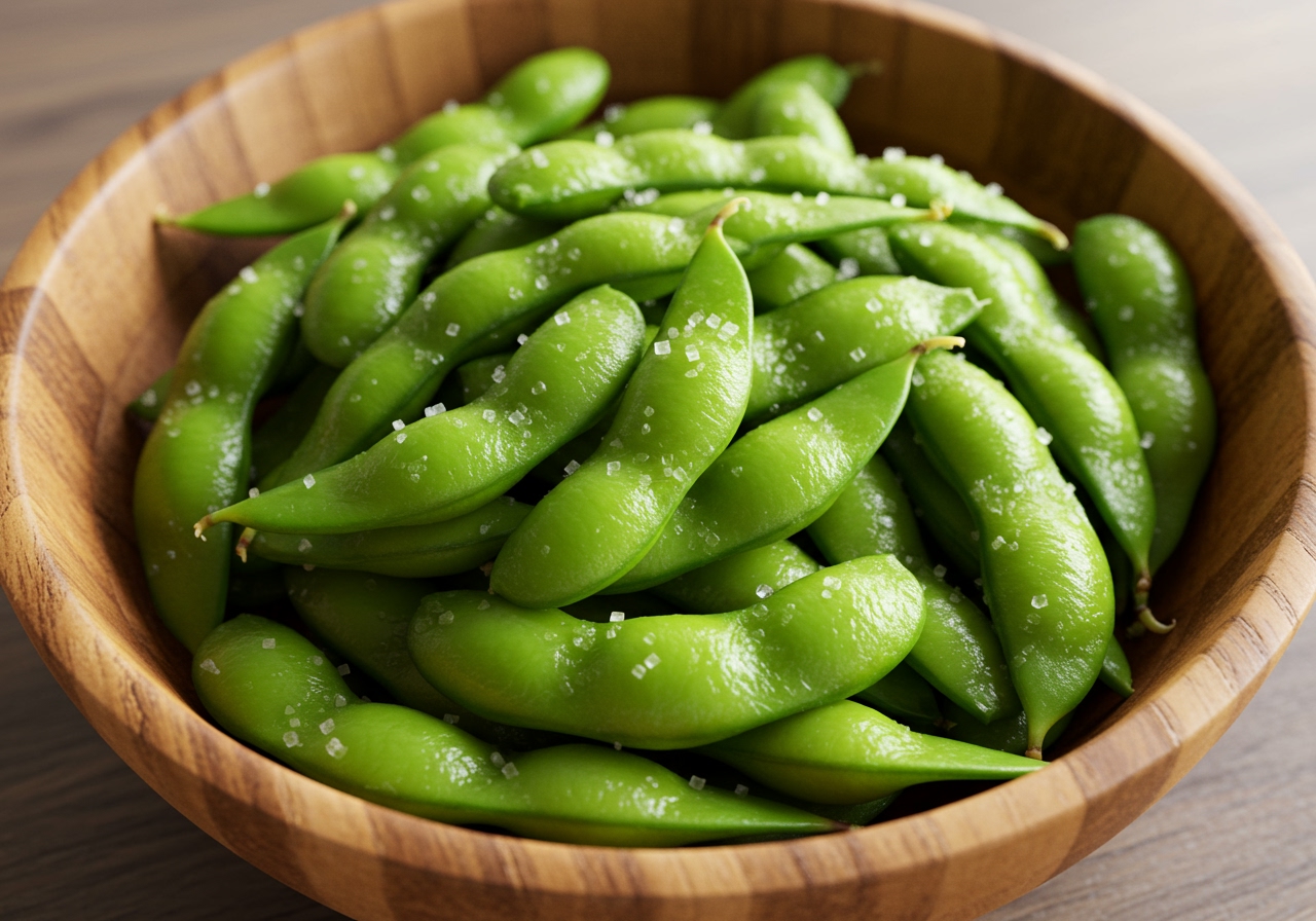 Bowl of freshly salted edamame pods, perfectly arranged.