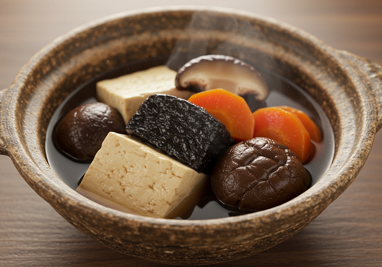 Bowl of Japanese nimono (simmered dish) with rehydrated koya tofu and hijiki seaweed, carrots, and shiitake mushrooms
