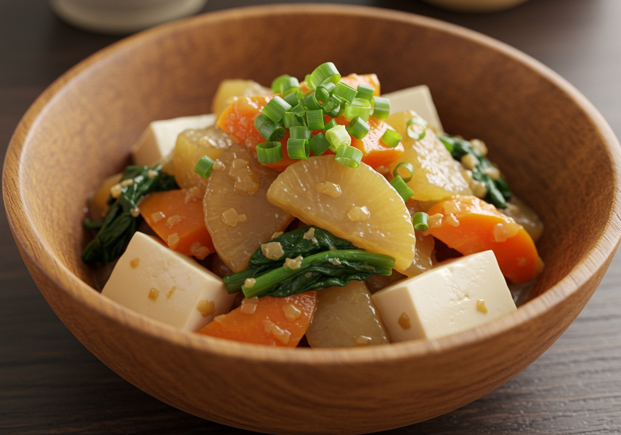 Bowl of Japanese-style simmered vegetables and tofu with a light thickened sauce, garnished with green onions