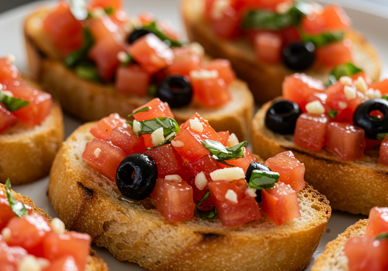 Bruschetta topped with a mixture of chopped black olives, tomatoes, basil, and garlic, drizzled with olive oil, served on toasted bread.
